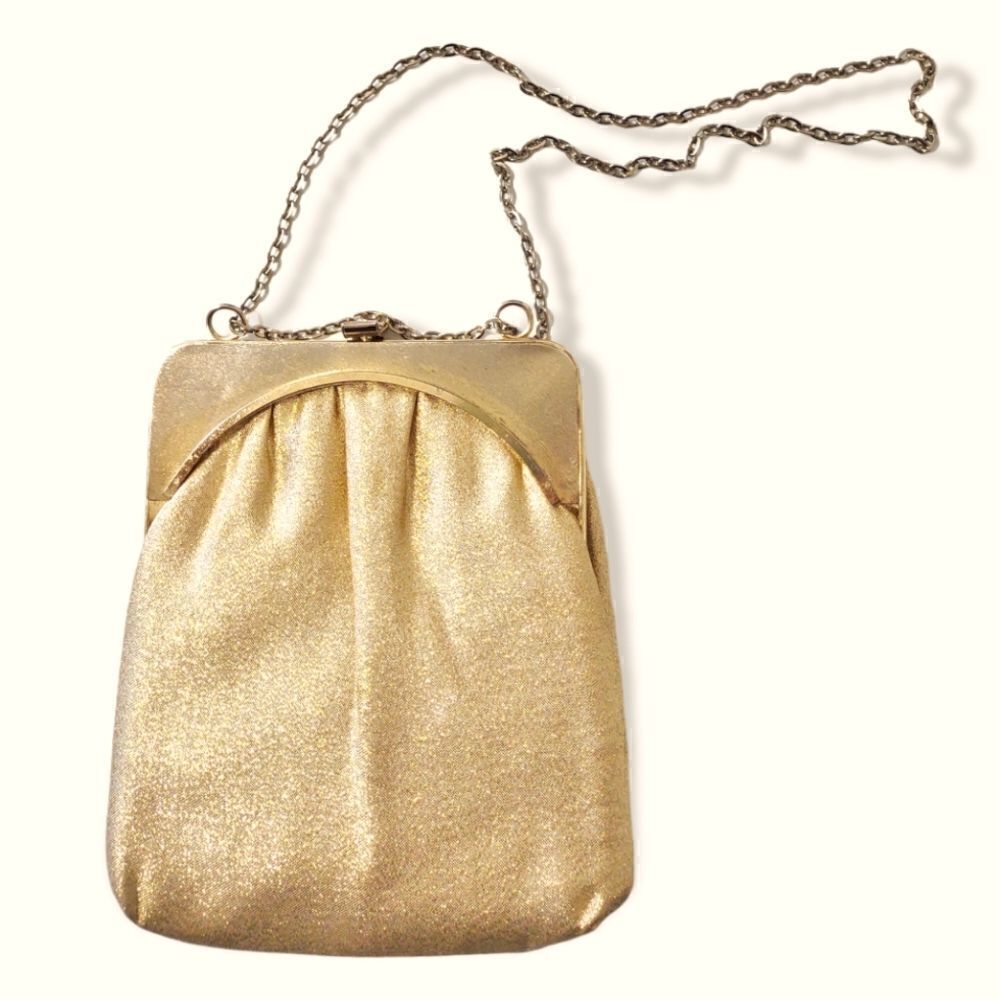 Vintage Gold Lame Fabric Evening Bag Shoulder Chain Black Satin Interior 60s‎